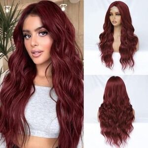 Long Wavy Burgundy Red Lace‎ Front Wig Synthetic Heat Resistant Wine Red Hair